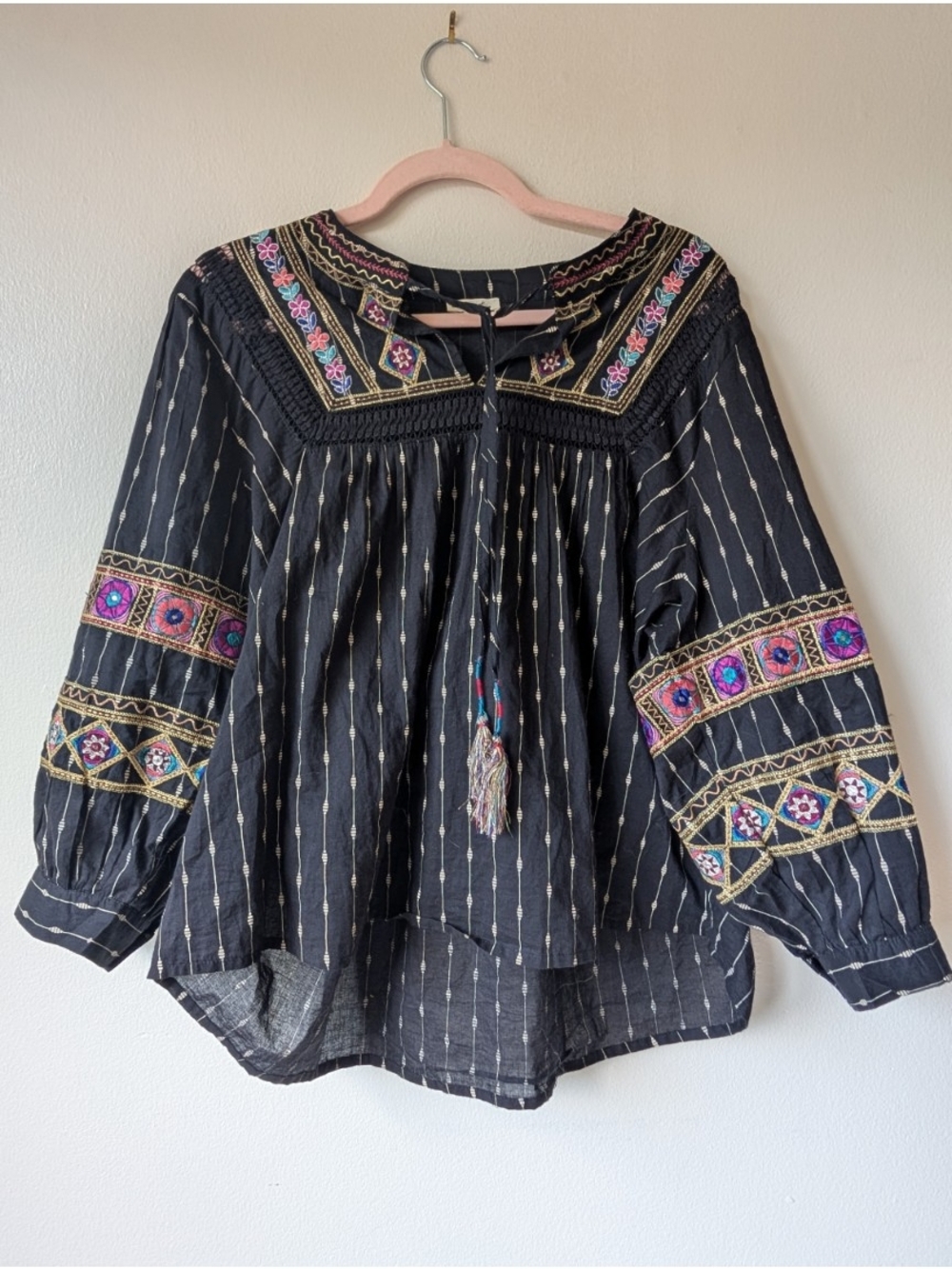 Ultra Pink Black Embroidered Boho Tunic with Multicolor Trim